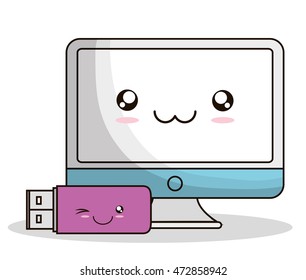 computer usb kawaii cartoon smiling technology icon. Colorful and flat design. Vector illustration