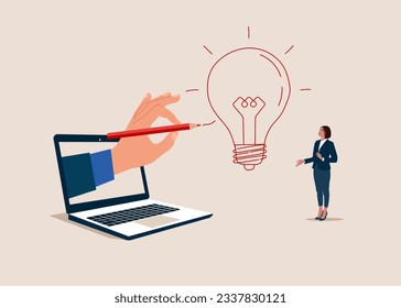 Computer use pencil to draw a  idea light bulb. Modern vector illustration in flat style.