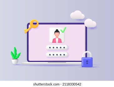 A computer with a user account and a security system for logging into a website. Vector 3d illustration.