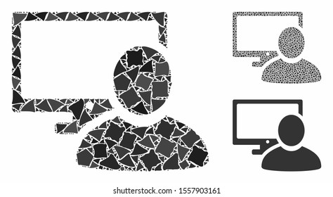 Computer user composition of unequal items in variable sizes and color hues, based on computer user icon. Vector rugged items are organized into collage.