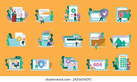 Computer user flat icons. Computer users flat recolor set of isolated icons and compositions of human figures in virtual