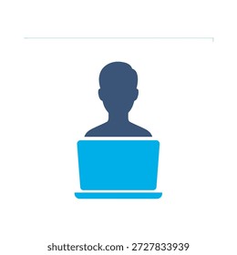 ícone do usuário do computador azul plano vetor design homem laptop símbolo funcionário trabalhador freelance trabalho online elemento gráfico sinal