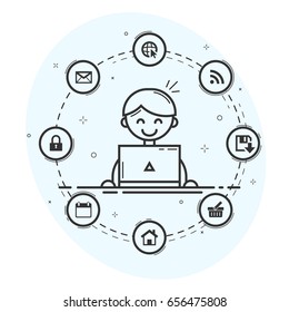 Computer user with laptop and icons in circle