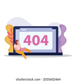 Computer user and laptop screen with 404 error page flat vector illustration