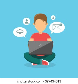 Computer User Man Isolated Icon. Computer User Office Icon, Person User Computer Human, Web Computer User Vector Illustration. Man Sits And Works At A Laptop On His Knees