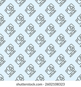 Computer with user message line seamless pattern, remote work theme. Vector graphics. Monitor, display and popup window sign with background, repeat line icon