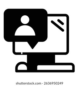 Computer with user message solid icon, remote work concept. Vector graphics. Monitor, display and popup window sign on white background, style mobile or design