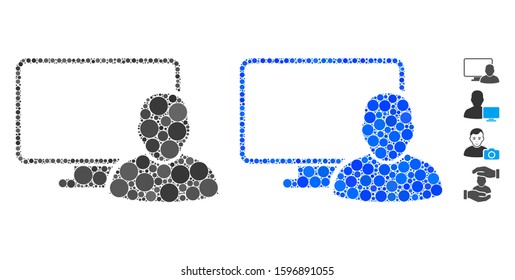 Computer user mosaic of filled circles in various sizes and color tones, based on computer user icon. Vector filled circles are organized into blue composition.
