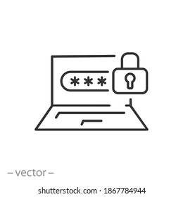 computer with user password icon, login account registration in the laptop, lock site, thin line symbol on white background - editable stroke vector illustration