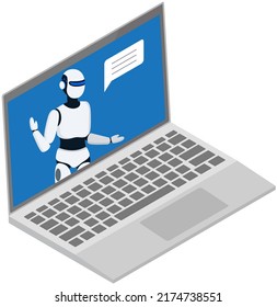 Computer user talks to robot in smartphone chat. Person having consultation with assistant. Chatting bot helping human with working tasks. Cyberspace and innovations concept. Communication with bot