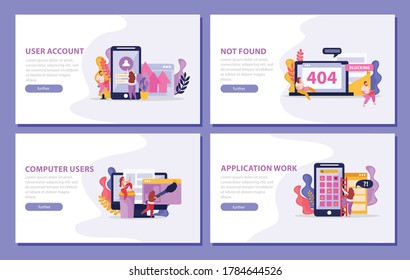 Computer users flat 4x1 set of horizontal banners with editable text buttons and electronic gadget images vector illustration