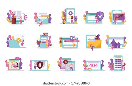 Computer users flat recolor set of isolated icons and compositions of human figures in virtual windows vector illustration