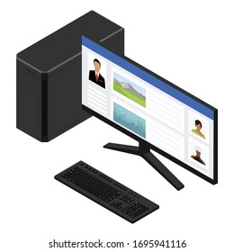 Computer using for social media concept isometric view isolated on white background. Marketing concept
