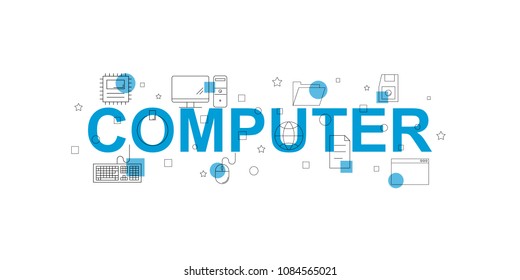 Computer vector banner. Word with line icon. Vector background