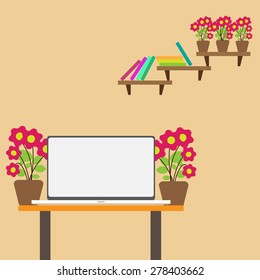 Computer vector design illustration of modern business office and workspace . Background with book,flower  shelf. Graphic Design Editable For Your Design. 