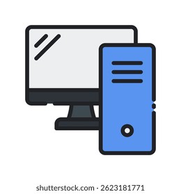 Computer Vector for Digital Learning and Online Education. Desktop or laptop icon for e-learning, virtual classes, and research. Filled Line Icon