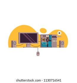 Computer, vector flat illustration, workspace with pc and hardware. Mouse, disc, loudspeakers, monitor.