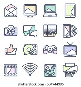 Computer vector icon in line style. Computer, network and mobile devices. Network connections. Advertisements, signs, stickers, web banners, web sites. Isolated on a white background