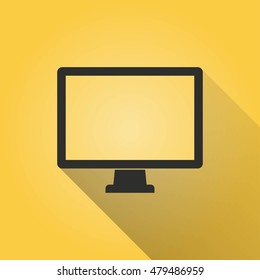 Computer vector icon with long shadow. Black illustration isolated on yellow background for graphic and web design.