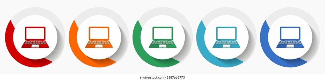 Computer vector icon set, flat design colorful round icons in 5 color options for webdesign and mobile applications