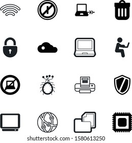 computer vector icon set such as: writer, infection, trash, rounded, set, plasma, wifi, silhouette, sharing, odd, bin, medical, illness, lock, password, printout, start, personal, public, old