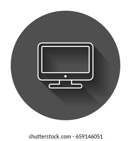 Computer vector illustration in line style. Monitor flat icon. Tv symbol with long shadow.