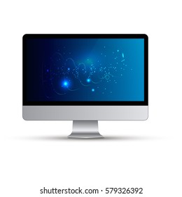 Computer. Vector illustration. Realistic Computer Monitor with blue abstract wallpaper. Electronic Gadget. Design template mock up. Isolated on white. Overlay.