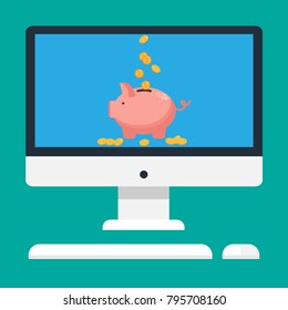 Computer vector illustration. Saving money, pig with coins. 