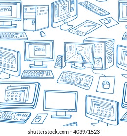 Computer Vector Seamless Pattern. Hand Drawn Office Doodles Of Electronic Gadgets.