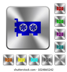 Computer video card engraved icons on rounded square glossy steel buttons