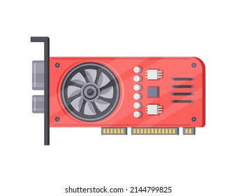 Computer video card with fan top view isometric icon vector illustration. PC red electronic driver portable multimedia memory storage power processor isolated. Computing circuit acceleration