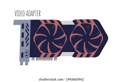 Computer video card with fans. Display graphics adapter with ventilation system. Colored flat vector illustration of PC hardware isolated on white background
