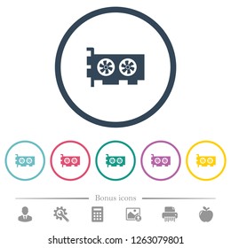 Computer video card flat color icons in round outlines. 6 bonus icons included.
