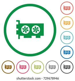 Computer video card flat color icons in round outlines on white background
