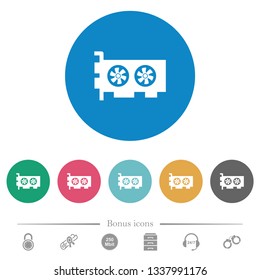 Computer video card flat white icons on round color backgrounds. 6 bonus icons included.