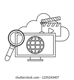 computer with video clipboard and cloud computing black and white
