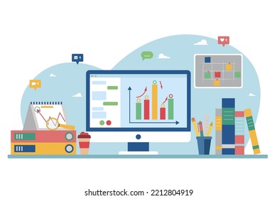 Computer with video conference, analytics of changes in the stock market and currency. Online meeting to discuss business processes. The workplace of a company employee.