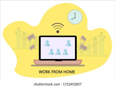 Computadora con videoconferencia o reunión de aprendizaje en línea. Tecnología digital, distanciamiento social , Concepto de trabajo desde casa (WFH). Ilustración de Vertor.