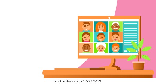 Ordenador con videoconferencia. En la pantalla hay caras sonrientes de diferentes personas. Banner de ilustración vectorial con lugar para texto.