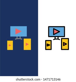 Computer, Video, Design  Icons. Flat and Line Filled Icon Set Vector Blue Background