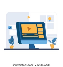 Computer video editing, videography, monitor vector illustration.