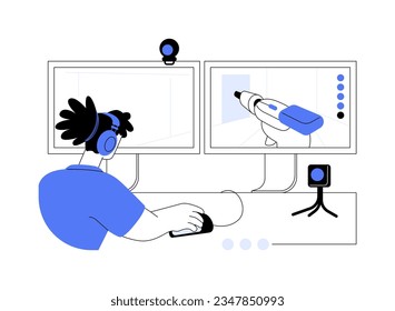 Ilustración vectorial de concepto abstracto de videojuegos por computadora. Joven jugando videojuegos con laptops, realidad virtual y aumentada, tecnología moderna, metáfora abstracta del tiempo de entretenimiento.