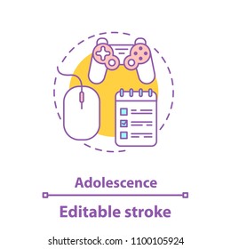 Computer and video games concept icon. Adolescence activities thin line illustration. Gaming. Vector isolated outline drawing. Editable stroke
