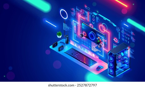 Computer video games development education for kids. Game design, gameplay of computer games. Isometric computer of game designer workplace. PC on desk with interface developer environment on screen.