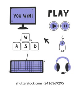 Computer video games doodle set. Black line art items collection with keyboard, wasd buttons, headphones, monitor, mouse. Vector illustration