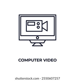 Video icono de esquema de equipo. Vector lineal desde el concepto de computadora. Video Icono de computadora de línea delgada aislado sobre fondo blanco