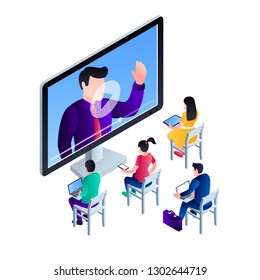 Computer video webinar concept background. Isometric illustration of computer video webinar vector concept background for web design