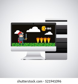 computer with videogame on screen over white background. colorful design. vector illustration