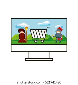 computer with videogame on screen over white background. colorful design. vector illustration