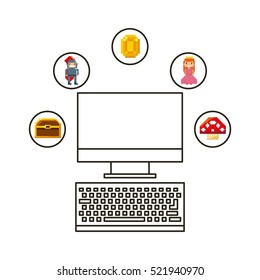 computer with videogames icons around over white background. colorful design. vector illustration
